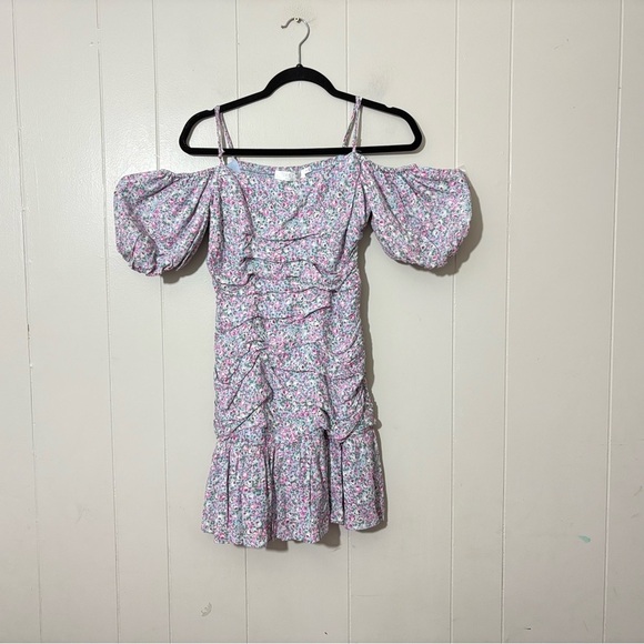 ASTR the Label Rushed Off Shoulder Blue Pink Ditsy Mini Floral Dress Size S - Picture 2 of 9